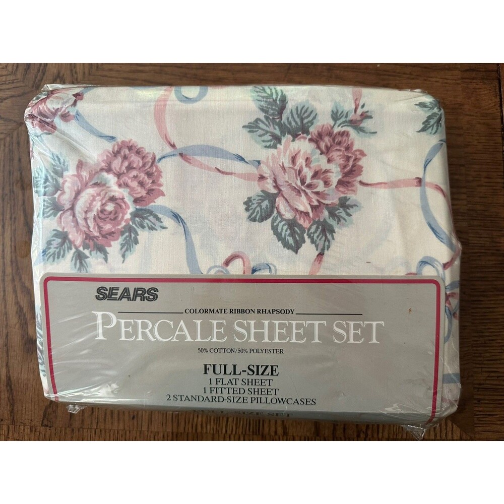 Sears Roebuck Vintage NEW Floral And Ribbon Full Size Percale Sheet Set